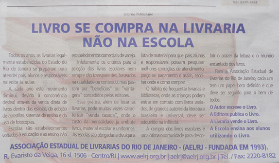 A campanha da AEL contra  venda de livros  nas escolas