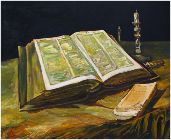 Cópia feita por Israel Pedrosa de Natureza Morta com Bíblia, de Van Gogh - foto Samille Reis
